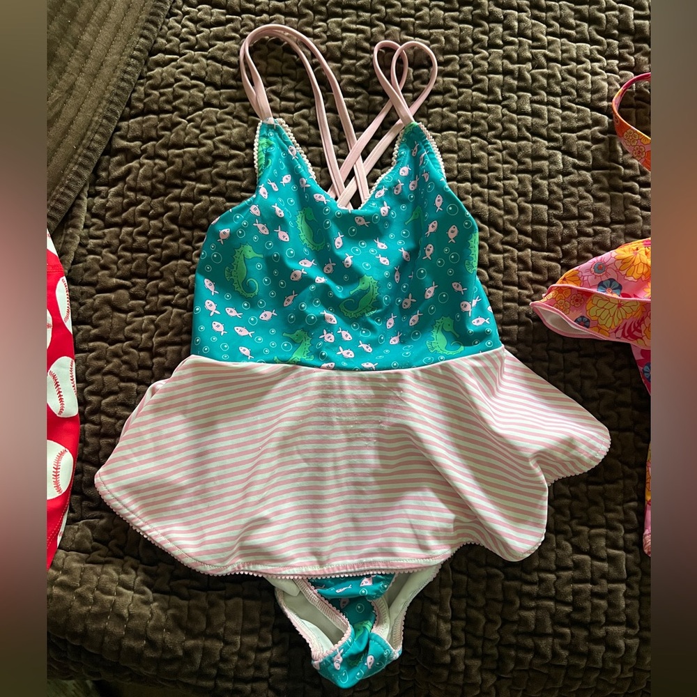 SweetHoney Teal and Pink Kids Swim One Piece with Seahorses